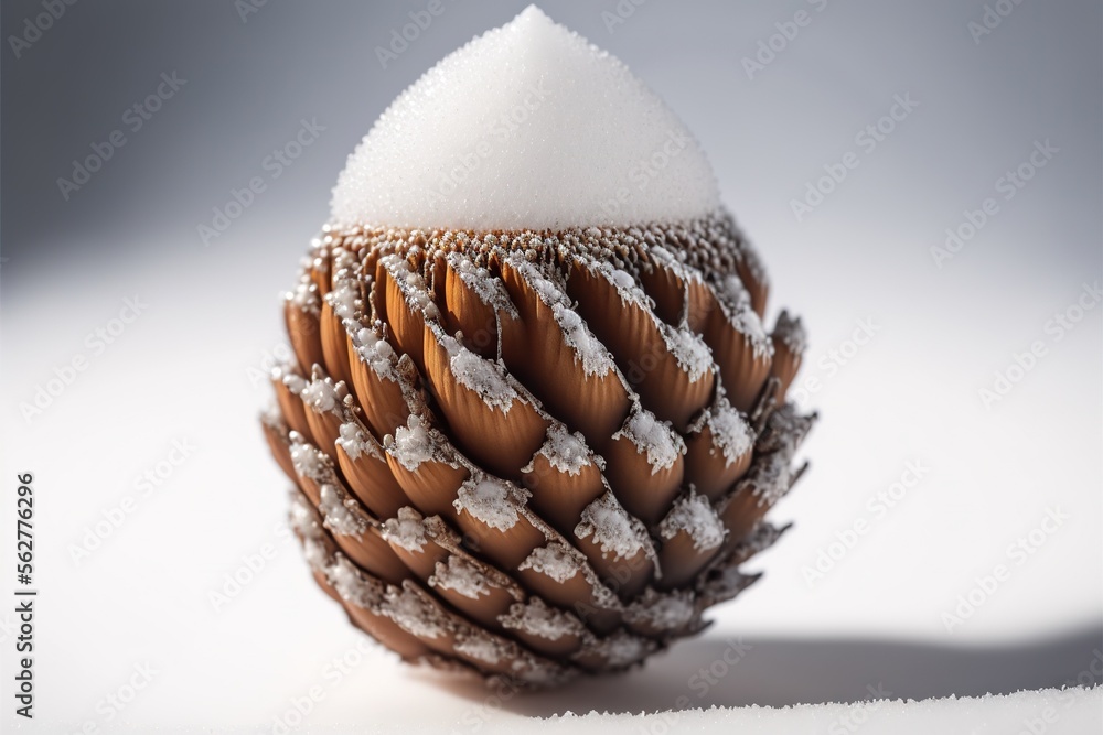 Poster a close up of a pine cone with snow on top of it and a white background behind it, with a small amou