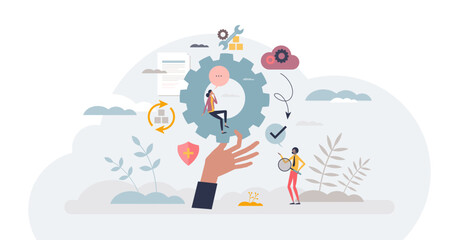 Service provider management as outsource support company tiny person concept, transparent background. MSP network, application, infrastructure and security performance assistance.