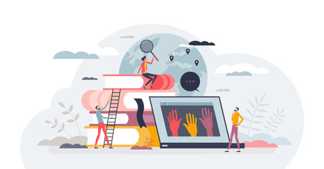 Sociology as study about social causes of behavior tiny person concept, transparent background. Culture diversity, ethnicity and its impact on social consequences illustration.