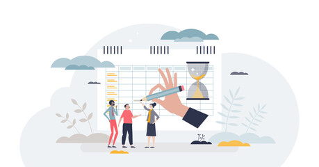 Timesheets and time schedule for personell work hours tiny person concept, transparent background. Monthly, weekly or annual period calendar.