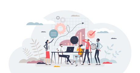 Work group as effective approach for business project tiny person concept, transparent background. Teamwork and collaboration as effective strategy for company illustration.