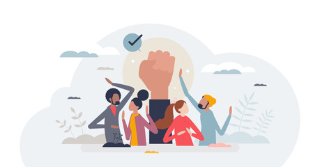 Youth empowerment and activism movement encouragement tiny person concept, transparent background. Democracy opportunity to improve social process and go to protests illustration.