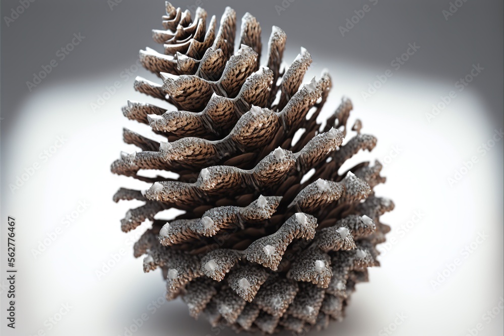 Poster a close up of a pine cone on a white surface with a gray background and a light reflection on the su