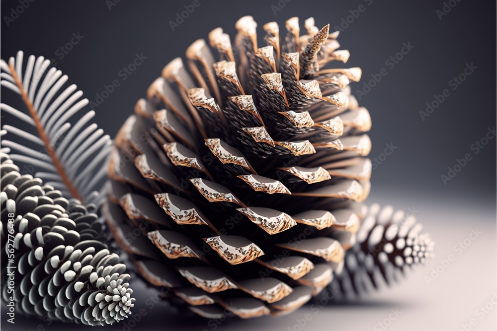Poster a close up of a pine cone with a black background and a white background with a gold border and a bl