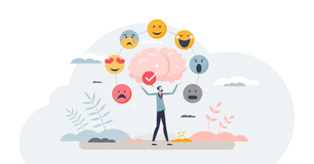 Emotion regulation with emotional intelligence control tiny person concept, transparent background. Psychological feelings and mental mindset variation from sad to happy illustration.