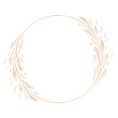 Fototapeta na wymiar Golden decorative Circle floral Frame. Botanical round Wreath with branches, herbs, plants, and leaves. Rustic wedding border