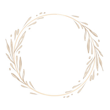 Golden decorative Circle floral Frame. Botanical round Wreath with branches, herbs, plants, and leaves. Rustic wedding border