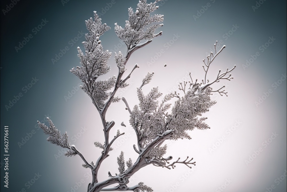 Poster a branch of a tree with snow on it and a blue background with a white border around it and a black a