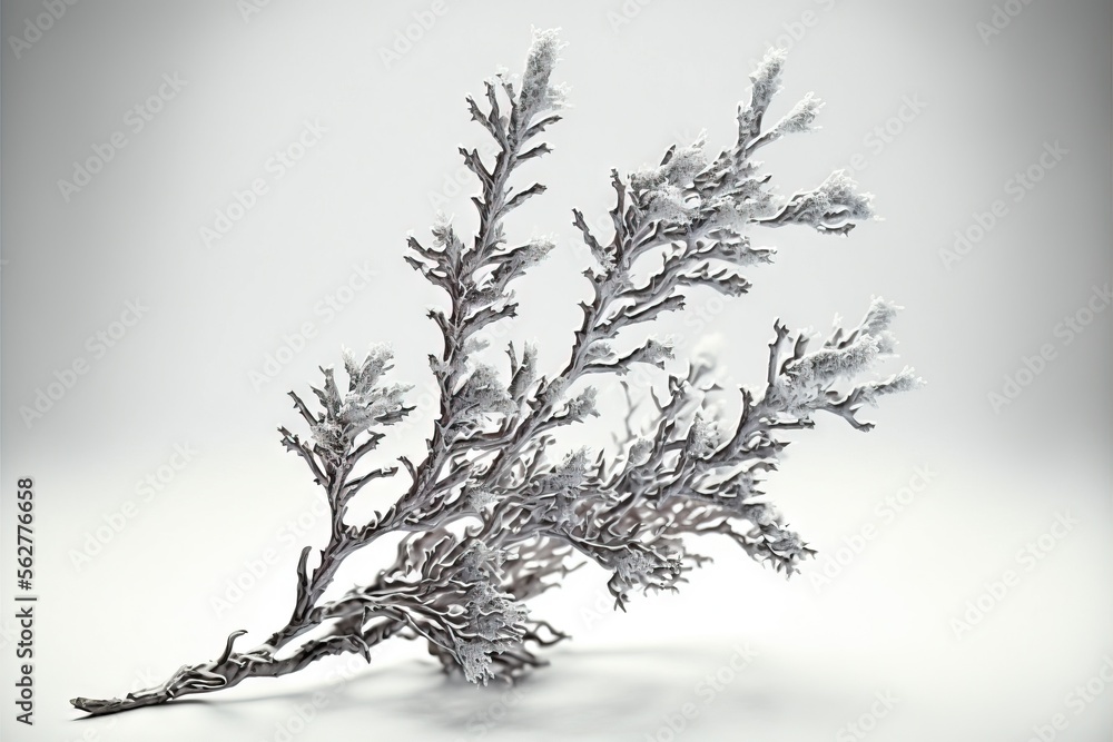 Poster a branch of a tree covered in snow on a white background with a gray background and a black and whit