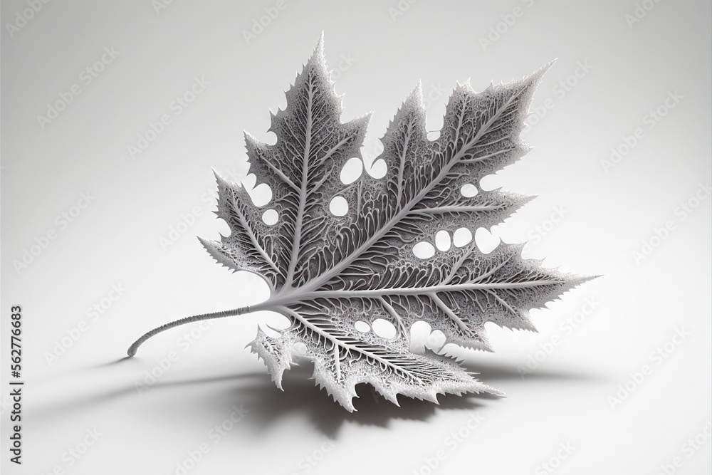Poster a leaf with white spots on it is shown in black and white photo with a shadow of the leaf on the lef