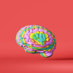 Colorful rainbow human brain 3d rendenring pink. LGBT pride symbol. Color psychology behavior. World autism awareness day concept. Genius Artistic creativity Neurology science. Cognitive development