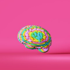Colorful rainbow human brain 3d rendering pink. LGBT pride symbol. Color psychology behavior. World autism awareness day concept. Genius Artistic creativity Neurology science. Cognitive development