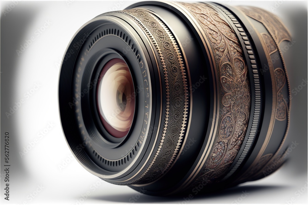 Poster a close up of a camera lens on a white background with a white background behind it and a black and 