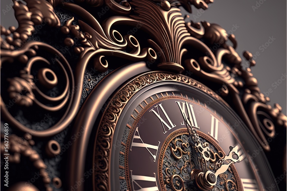 Poster a close up of a clock with a fancy design on it's face and hands, with a dark background and a gold 