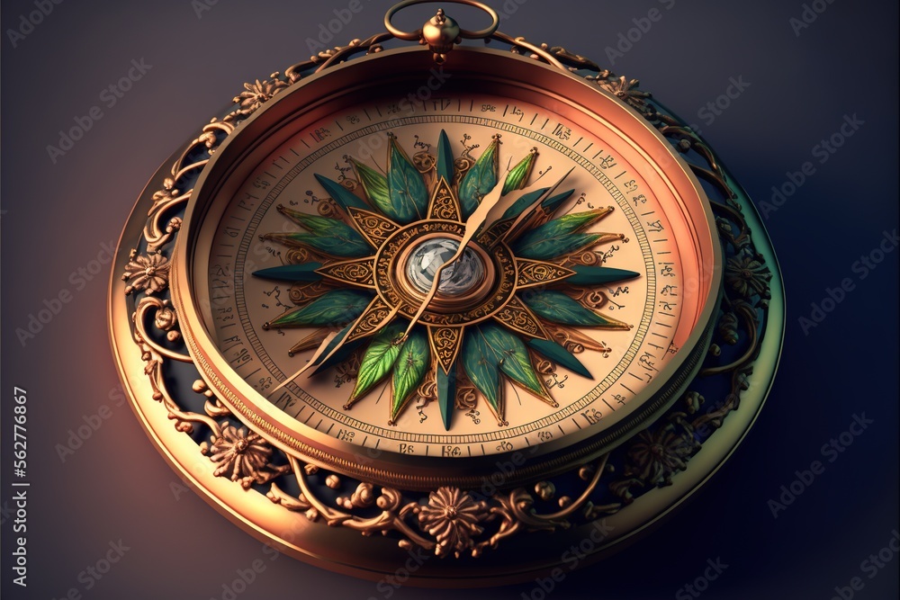 Aufkleber a compass with a green leaf on it is shown in a gold frame with a black background and a blue backgr