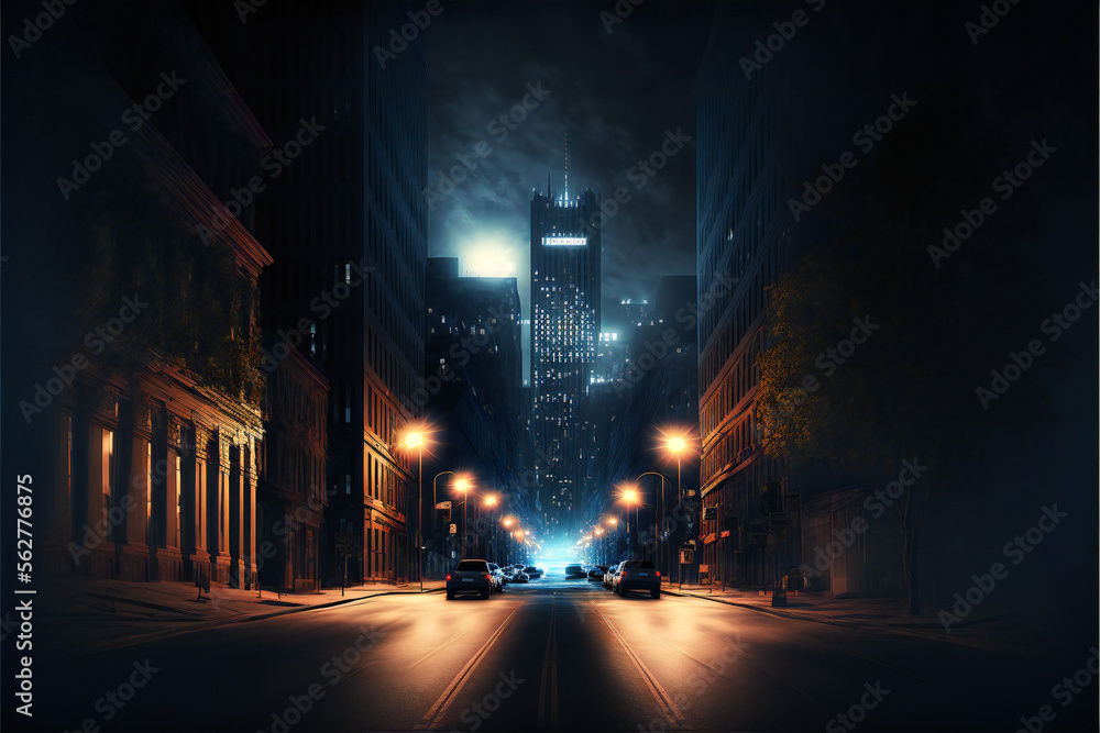 Wall mural Exploring the Urban Jungle at Night: Photorealistic Visualization of the Modern City's Busy Streets and Highways, with Glittering Lights and Fast-Paced Traffic Generative AI