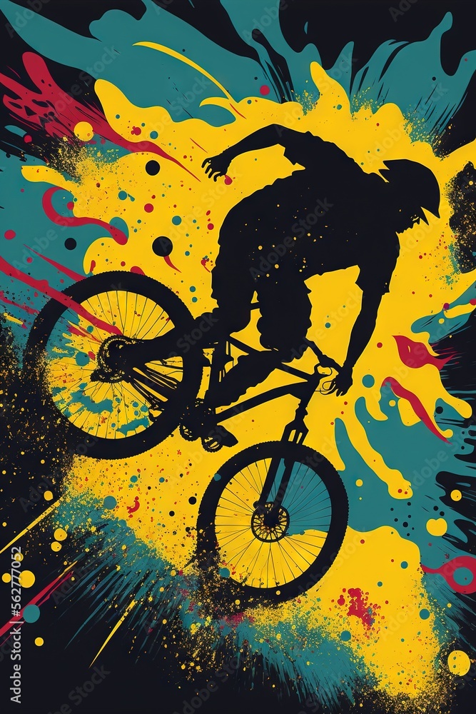 Poster a man riding a bike on top of a colorful background of paint splatters and sprays on the wall of a b
