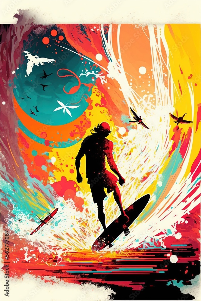 Poster a person riding a surfboard on a wave in the ocean with birds flying around them and a splash of pai