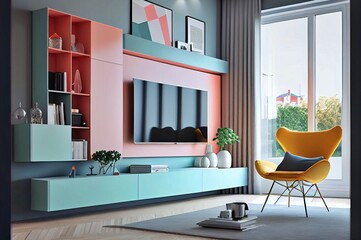 luxury living room, Sofa, Accent Chair, Coffee Table, TV Unit, Rug made with generative ai, pastel colors, 3d illustration