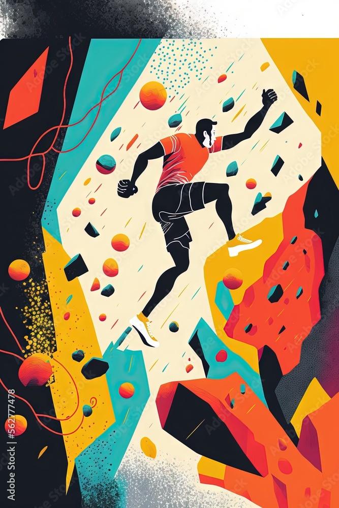 Poster a man climbing up a mountain with a red shirt on and a yellow and blue background with orange and bl