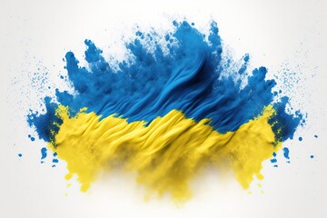 Ukranian Wave flag, fine powder exploding on a white background. Generative AI - obrazy, fototapety, plakaty