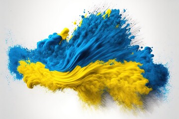 Ukranian Wave flag, fine powder exploding on a white background. Generative AI - obrazy, fototapety, plakaty