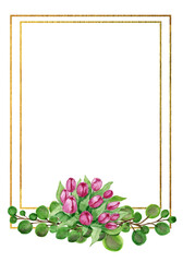 Golden frame with tropical flowers painted in watercolor. Flowers frame with golden lines and set of elements.