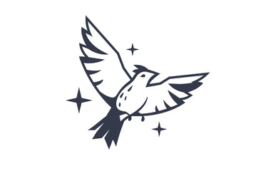 Vector illustration of beautiful flying bird on white color background. Black and white line art style design of bird