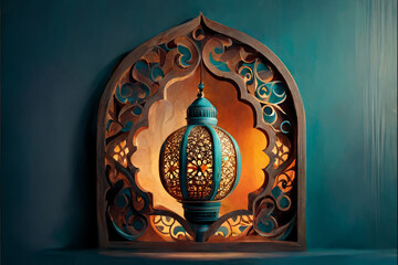 Ramadan Lantern with Islamic Green-Brown Carved Frame