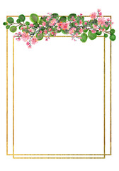 Golden frame with tropical flowers painted in watercolor. Flowers frame with golden lines and set of elements.