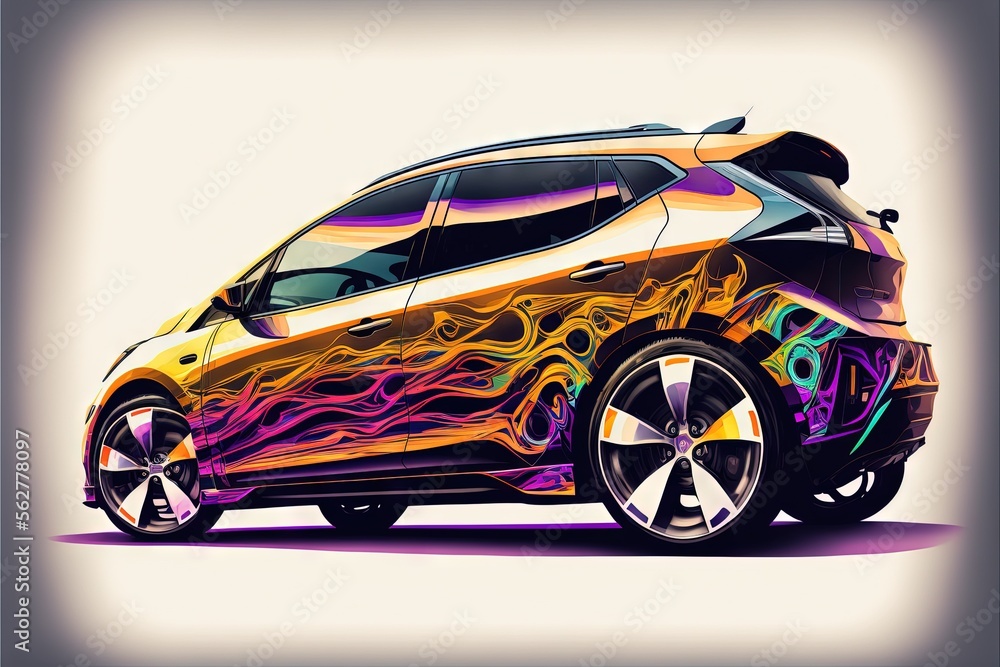 Poster a car with a colorful paint job on it's side and a white background with a black outline and a white