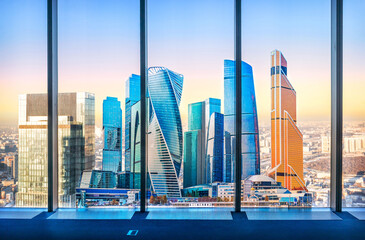 View of the city from the observation deck and City towers sticker on the window, Moscow City