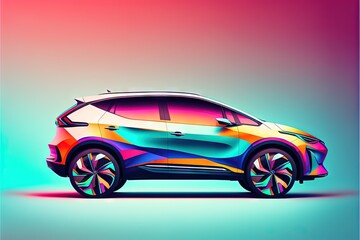  a colorful car is shown in this artistic photo of a car with wheels painted in different colors and shapes, on a blue background with a pink and blue border, and pink, and. generative ai
