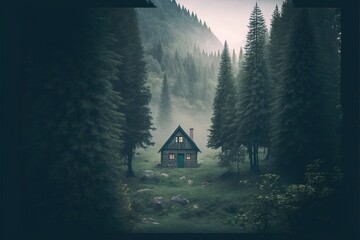  a cabin in the middle of a forest with fog and fog on the trees and grass below it, with a mountain in the background and a foggy sky with a few clouds and a few. generative ai
