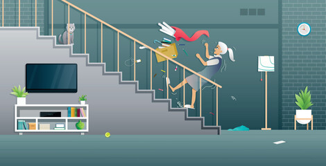 An old woman was carrying a box up the stairs until she accidentally fell.