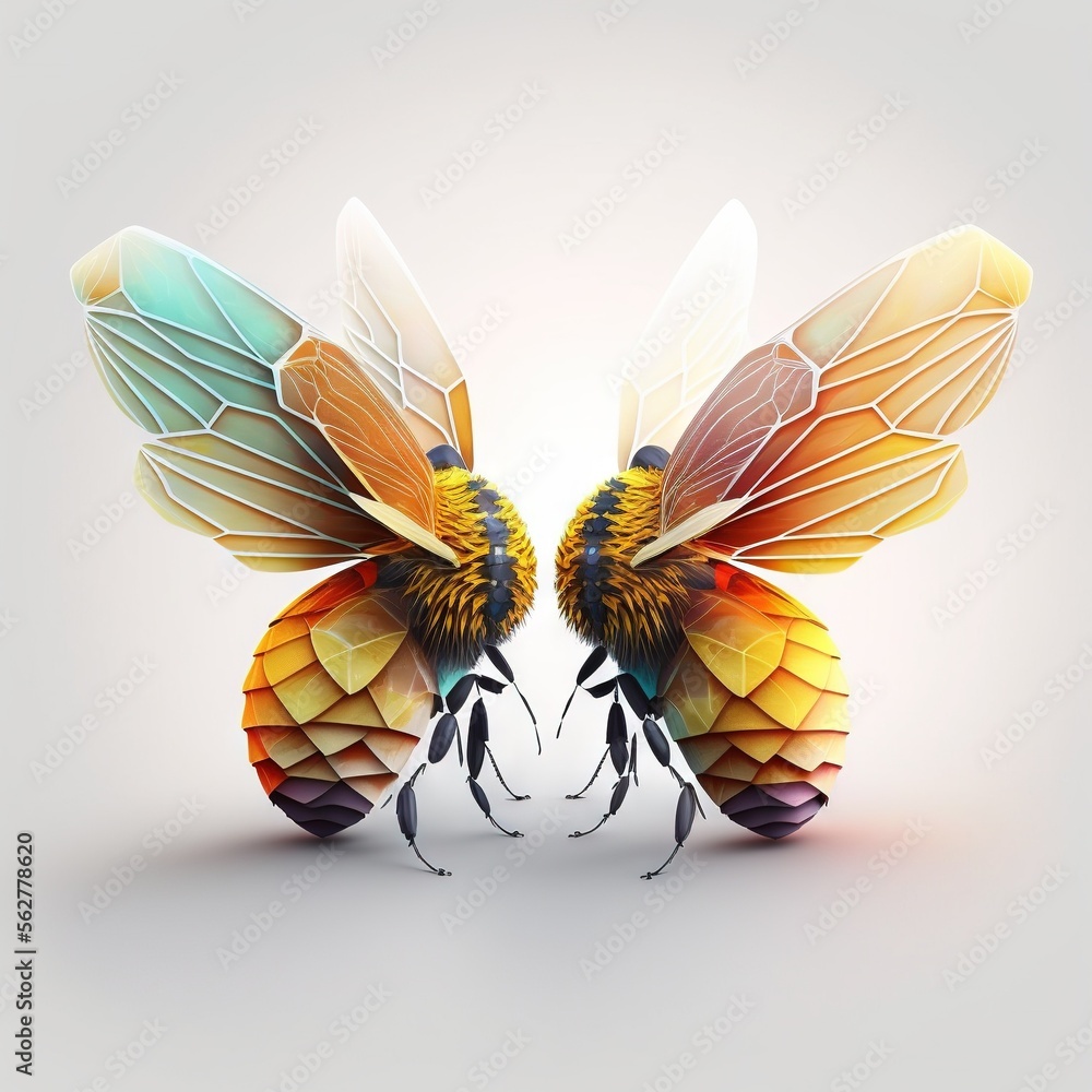 Poster  two colorful bees with wings spread out to each other, facing each other, with a white background and a light gray backdrop behind them, with a shadow and a shadow on the bottom. generative ai