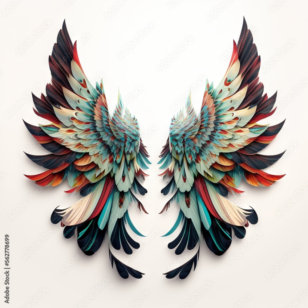 Poster a pair of colorful wings on a white background with a white background behind it and a white backgro