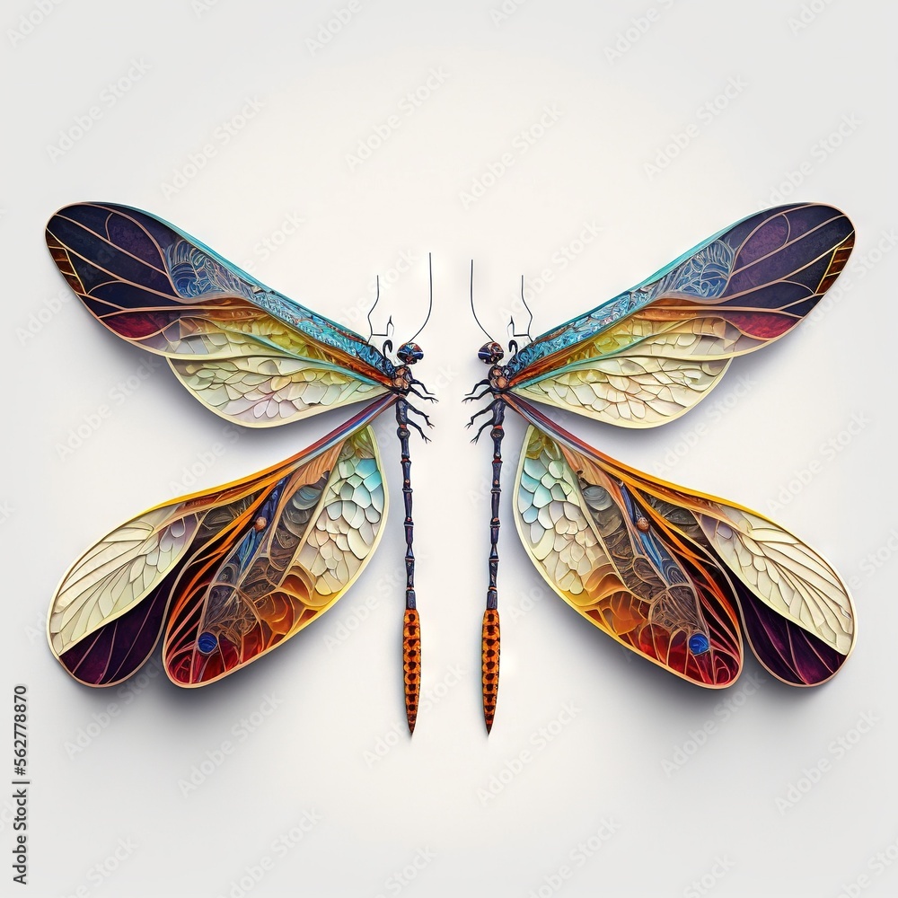 Poster a couple of colorful dragon wings sitting on top of each other on a white surface with a white backg
