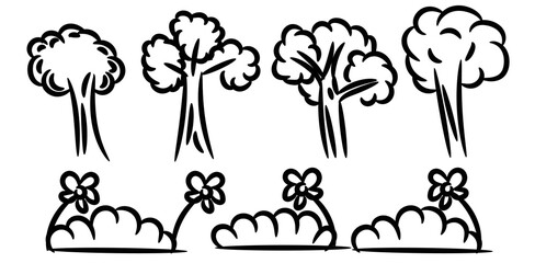 doodle conifer forest park abstract silhouettes outline trees in black color collection set