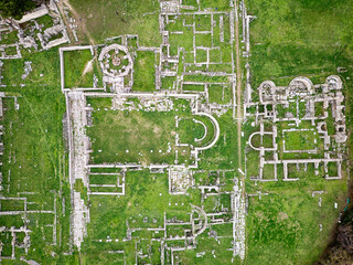Aerial drone view of the Roman ruins of Salona at Solin, Croatia. Places of historic interest. Travel and discover history and culture. Ruins and archaeological site. 