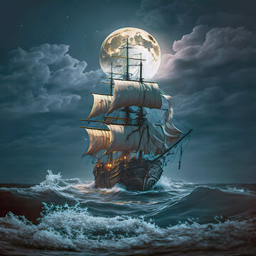 Sailing ship on the stormy sea on a moonlit night. AI generated illustration.