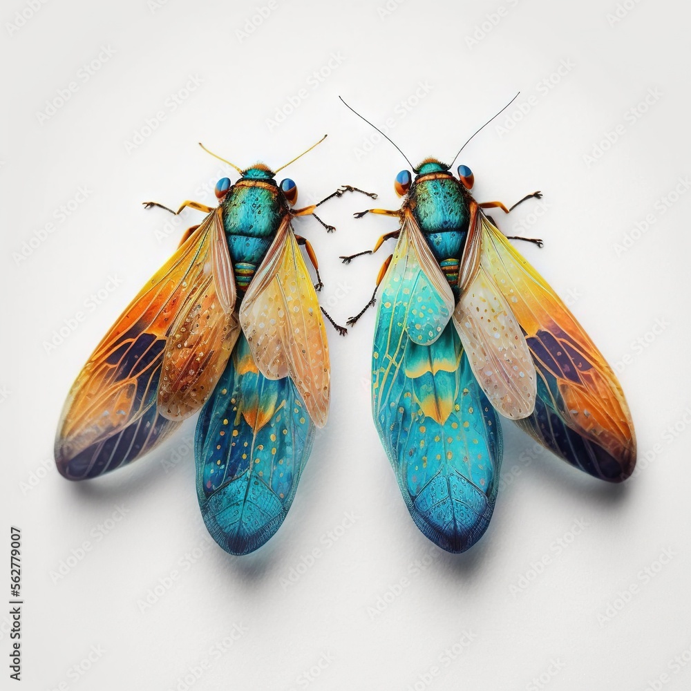 Poster two colorful bugs sitting on top of each other on a white surface with a white background and a whit