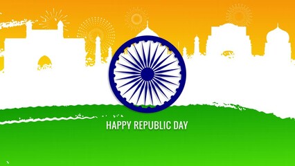 Happy India Republic day on grunge flag texture background, flat animation with fireworks and indian monuments landmark