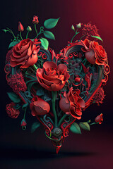 Beautiful heart with red roses and green leaves on a dark red background, vertical, Generative AI
