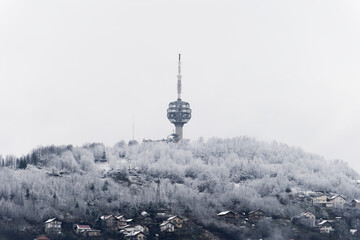 Winter view of destroyed Sarajevo TV Tower. The Hum Tower or Toranj Hum is a telecommunication...