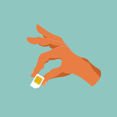 Human holding sim card in hand. Vector illustration cartoon design. Isolated on background. Mobile element. Finger closeup, big SIM card.