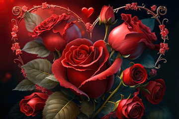 Beautiful heart with red roses and leaves on a dark red background, love, St. Valentine's Day, Generative AI	