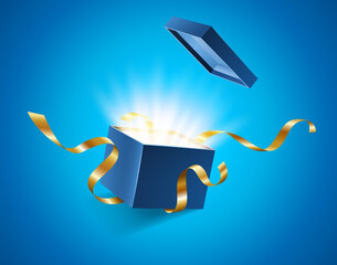 Blue opened 3d realistic gift box with magical shining glow and golden ribbons flying off cover, place for your text vector illustration