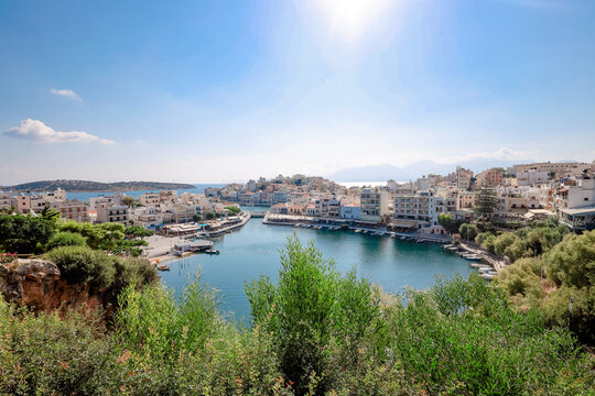 Aerial view of Agios Nikolaos, Crete, Greece. Voulismeni lake in Agios Nikolaos, Crete.