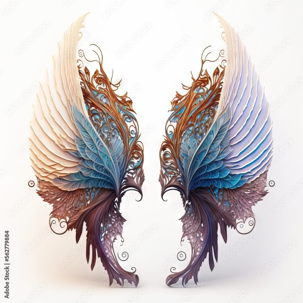 Poster two wings with intricate designs on them on a white background generative ai